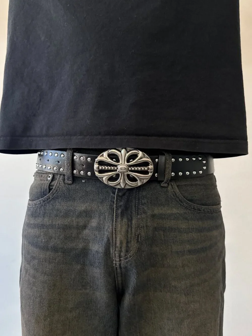 Black Studded Faux Leather Metal Cross Buckle Belt